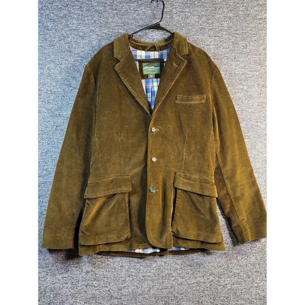 Eddie Bauer Mens Corduroy Blazer Olive Brown Plaid Lined Elbow Patches T42 XL